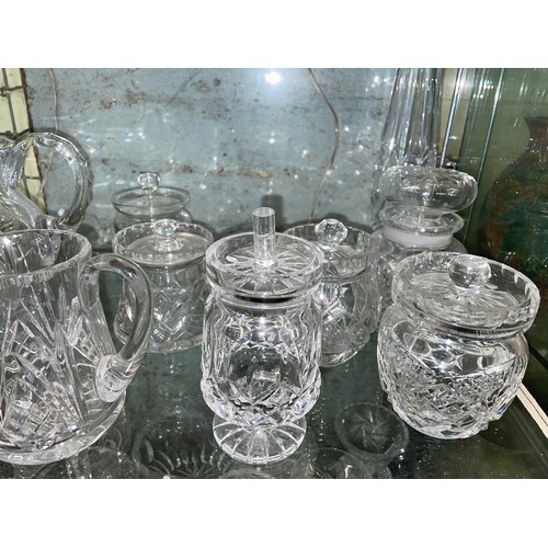 271 - TWO SHELVES OF VARIOUS CUT GLASS, WATERFORD PRESERVE JAR, ETC