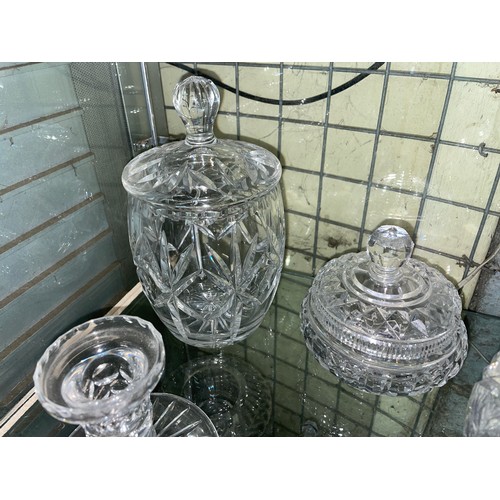 271 - TWO SHELVES OF VARIOUS CUT GLASS, WATERFORD PRESERVE JAR, ETC