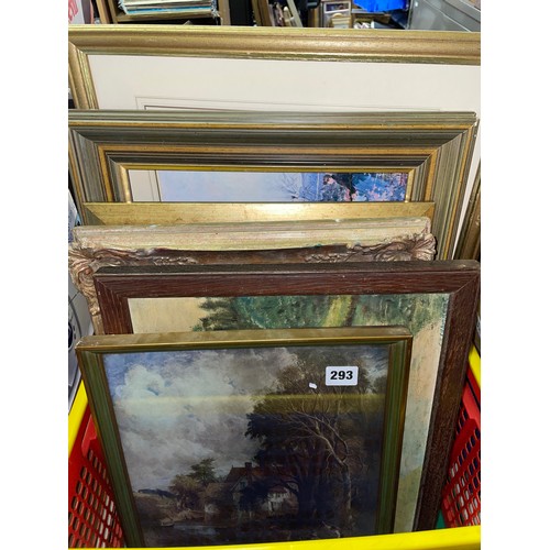 293 - CRATE OF VARIOUS PRINTS, GILT SWEPT FRAMES AND SMALL OIL ON CANVAS