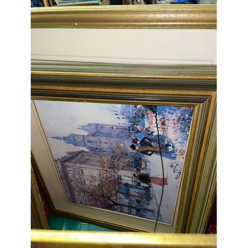 293 - CRATE OF VARIOUS PRINTS, GILT SWEPT FRAMES AND SMALL OIL ON CANVAS