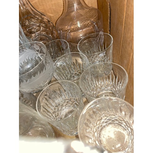 321 - DECANTER AND STOPPER, TUMBLERS, ETCHED GLASSWARE