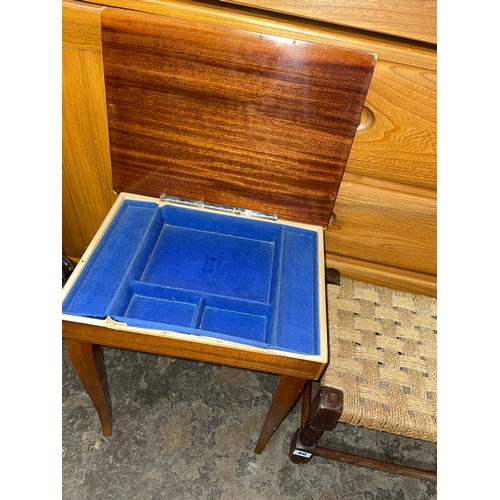 60 - SORRENTO MARQUETRY MUSICAL NEEDLEWORK BOX AND A DOUBLE WIDTH RAFFIA STRUNG STOOL