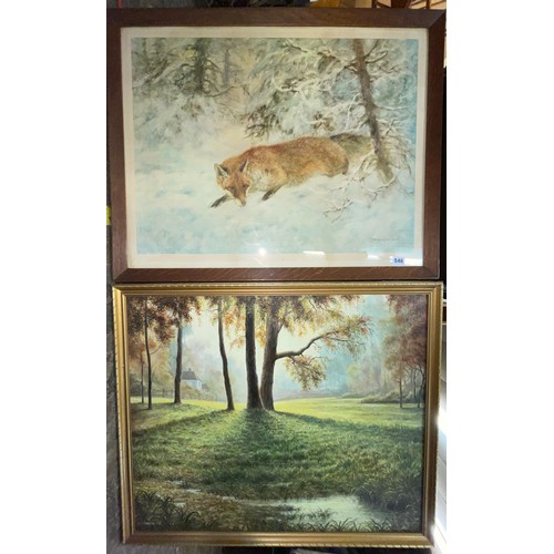 546 - OIL ON BOARD BY R.L. MARTIN OF A FIELD LANDSCAPE AND A PRINT OF A FOX IN WINTER