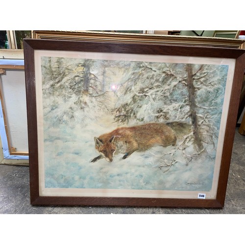 546 - OIL ON BOARD BY R.L. MARTIN OF A FIELD LANDSCAPE AND A PRINT OF A FOX IN WINTER