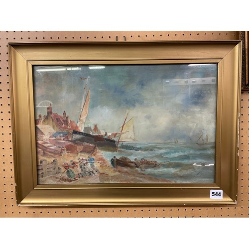 544 - M.J. WALKER OIL ON BOARD OF FISHERMEN PULLING IN THE CATCH F/G