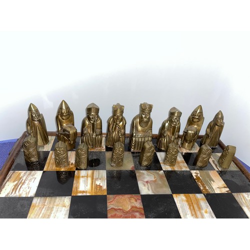 558 - AGATE INSET CHESS BOARD AND CELTIC STYLE CHESSMEN