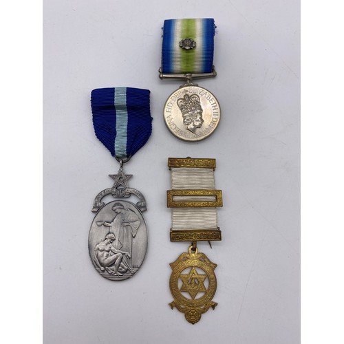 436 - QE II SOUTH ATLANTIC MEDAL TO CK S.D. MILLS D149973H HMS FARNELLA, MASONIC MEDALLION AND A HUMANITIE... 