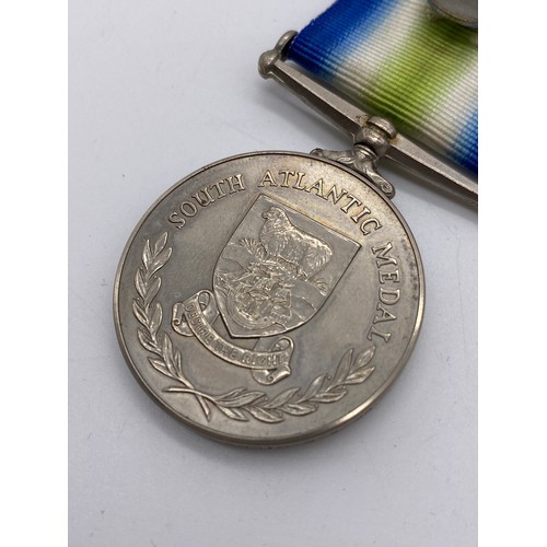 436 - QE II SOUTH ATLANTIC MEDAL TO CK S.D. MILLS D149973H HMS FARNELLA, MASONIC MEDALLION AND A HUMANITIE... 