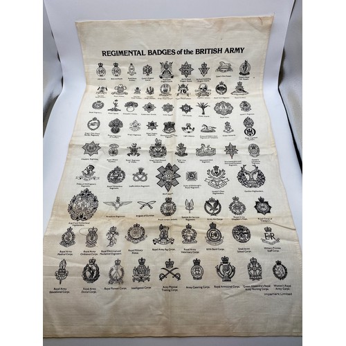 437 - BOX OF BRASS TUNIC BADGES, GERMAN AND OTHER SEW ON PATCHES, AND A TEATOWEL OF REGIMENTAL BADGES OF T... 