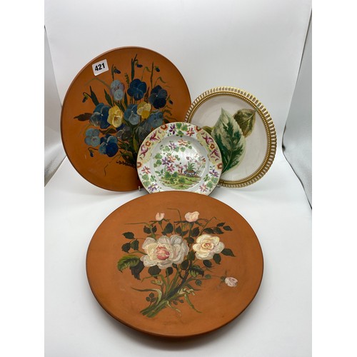 421 - PAIR OF HAND PAINTED TERRACOTTA PLATES, 19TH CENTURY SPODE PLATE AND A BOTANICAL GILDED PLATE