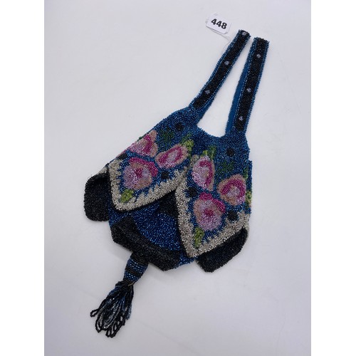 448 - LADIES SEED BEADED HANDKERCHIEF TASSELED EVENING BAG AND SOME EVENING PURSES WITH BEAD WORK DECORATI... 