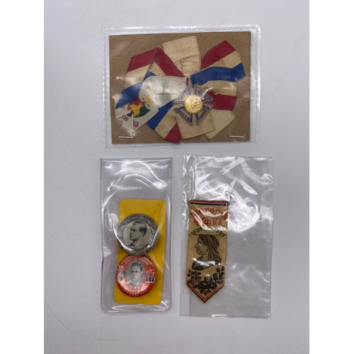 486 - BOX OF ROYAL COMMEMORATIVE ITEMS INCLUDING CORONATION LAPEL BADGES, VICTORIA SILK BOOK MARKER, CORON... 