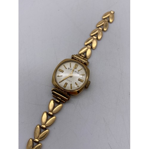 550 - LADIES STRAD 9CT GOLD WRIST WATCH AND LEAF STRAP A/F 12G OVERALL