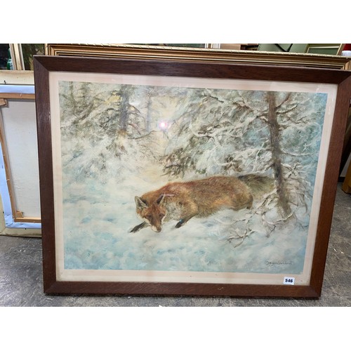 20 - OIL ON BOARD BY R.L. MARTIN OF A FIELD LANDSCAPE AND A PRINT OF A FOX IN WINTER