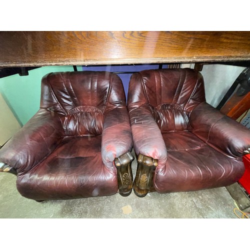 49 - OXBLOOD LEATHER WOODEN SHOW FRAME THREE PIECE SUITE AND FOOTSTOOL