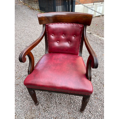 148 - REGENCY PERIOD REUPHOLSTERED FLAME MAHOGANY BAR BACK LIBRARY ELBOW CHAIR  WITH REEDED DOWN SWEPT ARM... 
