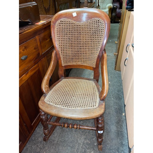 3 - VICTORIAN BEECH AND BERGERE CANED ROCKING CHAIR
