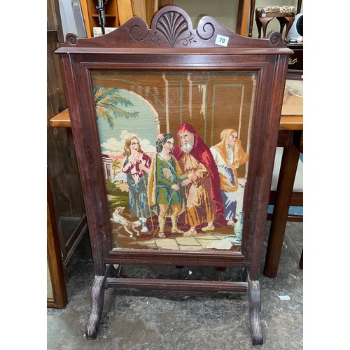 70 - LATE VICTORIAN CARVED MAHOGANY FRAMED NEEDLE POINT TAPESTRY FIRE SCREEN