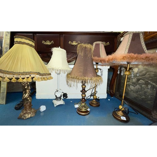 11 - PAIR OF PENDANT DROP TABLE LAMPS AND THREE OTHER TABLE LAMPS