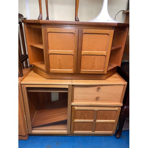 23 - 1970S TEAK SQUARES CANTED MEDIA CUPBOARD AND HI-FI GLAZED CABINET