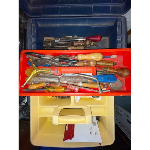 33 - TOOL BOX AND CONTENTS, DRILL, SANDER, AND TRAY OF DRILL BITS