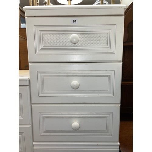 64 - PAIR OF WHITE LATTICE EFFECT FRONTED THREE DRAWER CHESTS