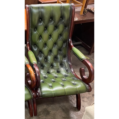 115 - BOTTLE GREEN BUTTON BACK LEATHER SLIPPER STYLE ARMCHAIR
