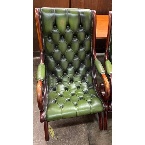 116 - BOTTLE GREEN BUTTON BACK LEATHER SLIPPER STYLE ARMCHAIR