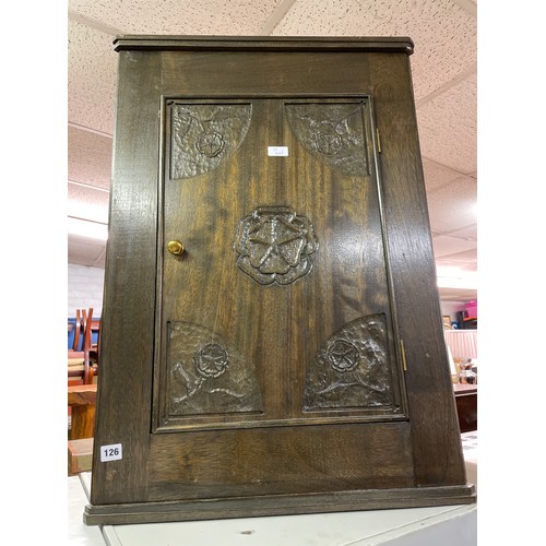 126 - CARVED TUDOR ROSE DESIGN HANGING CORNER CUPBOARD