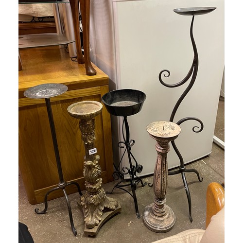 128 - TWO METAL PRICKET CANDLE STICKS AND ACANTHUS TRIFORM CANDLE STICK AND ONE OTHER