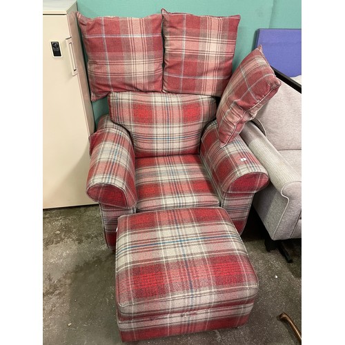 215 - RED TARTAN SINGLE ARMCHAIR WITH MATCHING STORAGE FOOTSTOOL AND SCATTER CUSHIONS