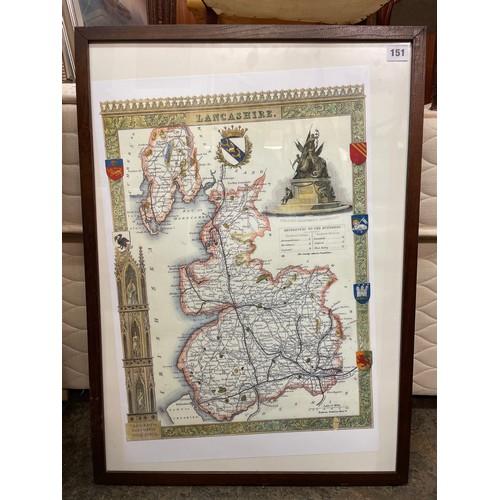 151 - PRINTED ANTIQUARIAN MAP OF LANCASHIRE FRAMED AND GLAZED