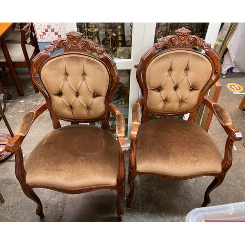 144 - PAIR OF REPRODUCTION BROWN BUTTON UPHOLSTERED FRENCH STYLE ELBOW CHAIRS