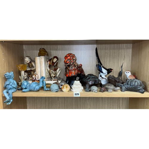 225 - SHELF OF POTTERY - FROG AND TURTLE, RUSSIAN JAY, AND PAIR OF BOOKENDS