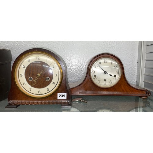 239 - WALNUT NAPOLEON HAT CASED CLOCK AND AN OAK SMITHS CLOCK