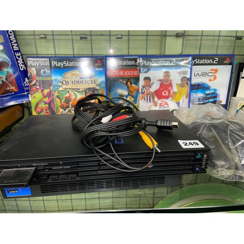 249 - SONY PLAYSTATION 2, CONTROLLERS, LEADS, AND GAMES