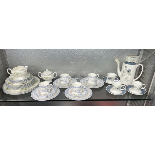 253 - SUSIE COOPER WEDGWOOD GLEN MIST COFFEE POT AND COFFEE CANS AND ROYAL DOULTON CONISTON TRIOS