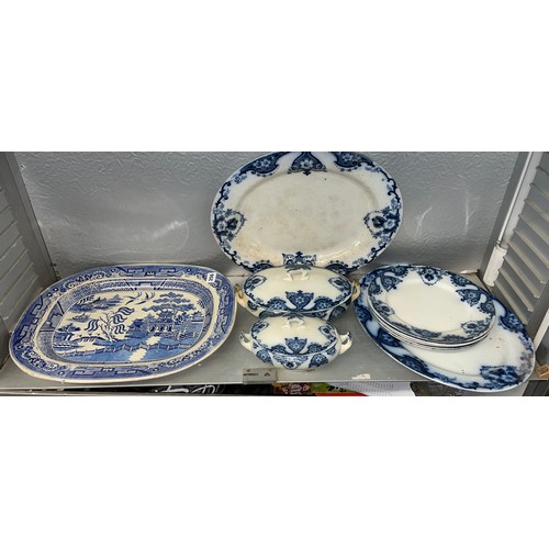 256 - BLUE AND WHITE TRANSFER PRINTED MEAT PLATTERS AND TUREENS