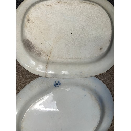 256 - BLUE AND WHITE TRANSFER PRINTED MEAT PLATTERS AND TUREENS