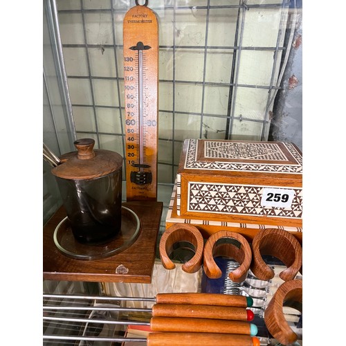 259 - DAMASCUS INSPIRED NOVELTY CIGARETTE BOX, TEAK NAPKIN RINGS, FONDUE FORKS, AND BOXWOOD THEMOMETER