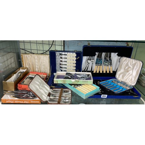 261 - SHELF OF CASED STAINLESS STEEL AND PLATED CUTLERY, FISH KNIFE SETS, DESSERT FORKS