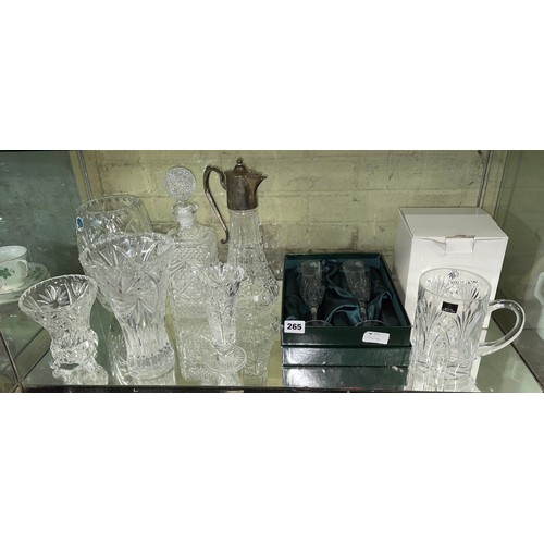 265 - BOX SET OF THOMAS WEBB GLASS FLUTES, ROYAL DOULTON LEAD CRYSTAL TANKARD, CLARET JUG, DECANTERS AND V... 