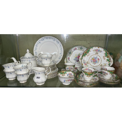 267 - SHELF OF SHELLEY SHERITAN PATTERN TRIOS, SANDWICH PLATES, AND ROYAL ALBERT MEMORY LANE BONE CHINA PA... 