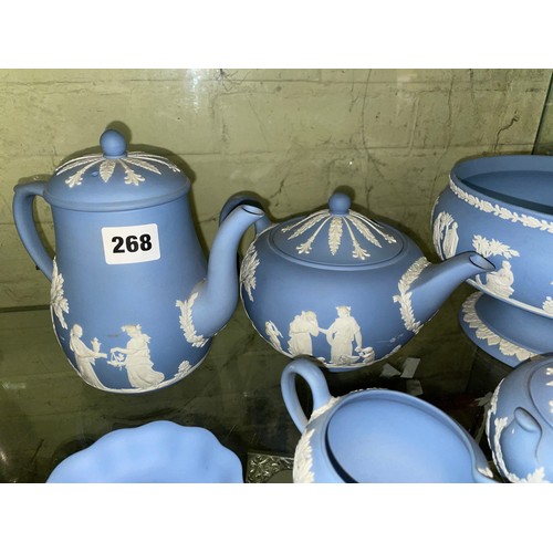 268 - WEDGWOOD POWDER BLUE JASPERWARE BOWL, THREE PIECE TEA SERVICE, PIN DISH AND VASE