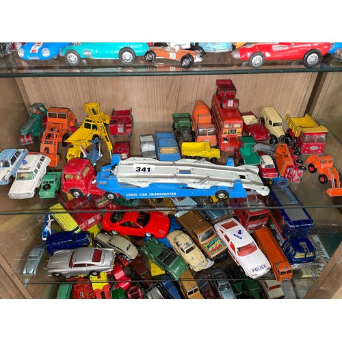 341 - FOUR SHELVES OF CORGI AND MATCHBOX DIE CAST MODEL CARS, TRANSPORTERS, COACHES, FARM MACHINERY ALL PL... 