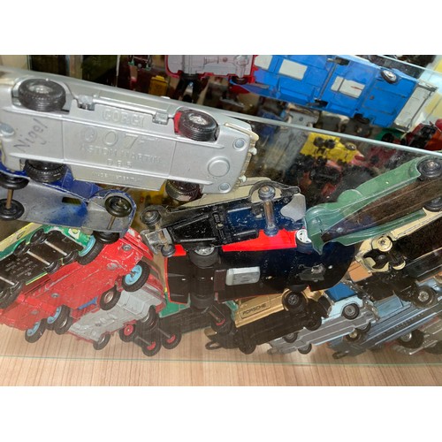 341 - FOUR SHELVES OF CORGI AND MATCHBOX DIE CAST MODEL CARS, TRANSPORTERS, COACHES, FARM MACHINERY ALL PL... 