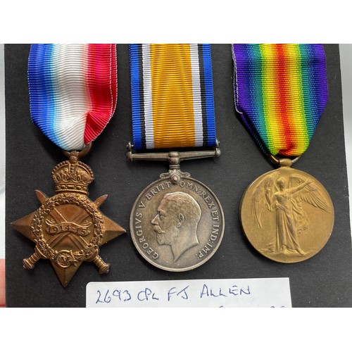 413 - WWI MEDAL TRIO 2693 CPL F.J. ALLEN LANCASHIRE FUSILIERS