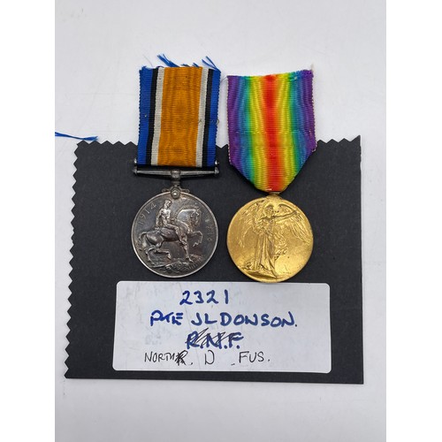 450 - WWI MEDAL DUO 2321 PTE J.L DOWSON NORTH.D.FUS