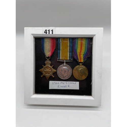 411 - MILITARY MONS STAR 1914 TRIO MEDAL GROUP 2362 PTE J.COOKE R.WAR:R AND 265475 IN CASE