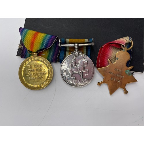 411 - MILITARY MONS STAR 1914 TRIO MEDAL GROUP 2362 PTE J.COOKE R.WAR:R AND 265475 IN CASE